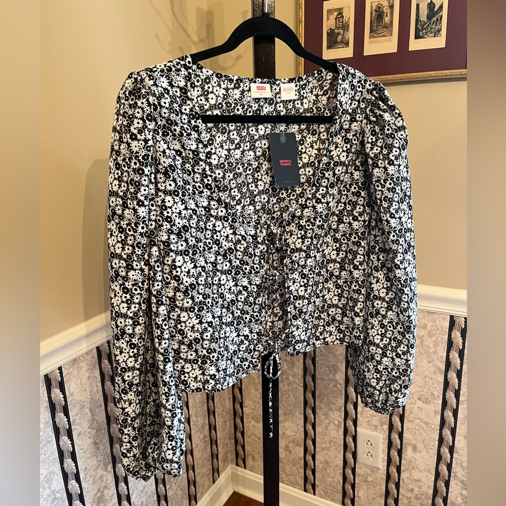 Levi’s Womens Black White Floral Print 3 Tie Long Sleeve Top Blouse XL